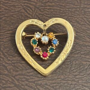 Gold Heart Brooch with Multicolor Gemstones